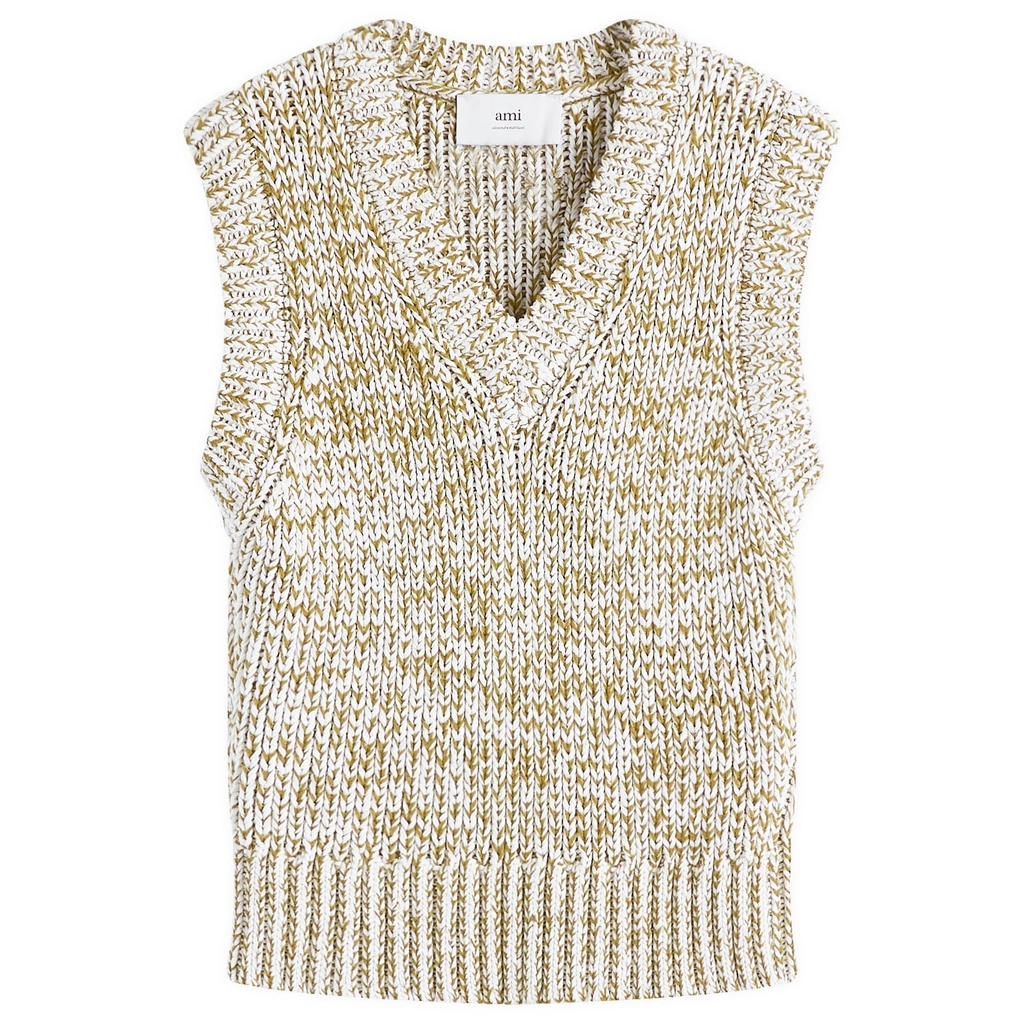 AMI Paris Men's Sleeveless V Neck Sweater White Cream/Lichen